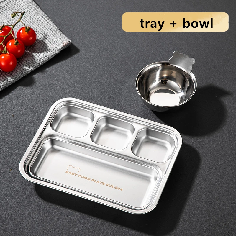 304 Stainless Steel Divided Dinner Tray Lunch Fruit Snack Container Food Plate 4 Grids For Students Canteen Restaurant