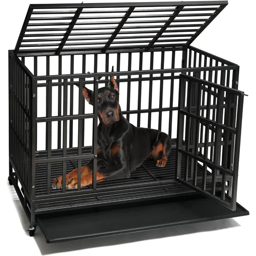 Enhanced Heavy Duty Dog Kennel Crate Cage with Strong Metal Frame, Double Doors and Lockable Wheels, for Extra Large Dog Breeds
