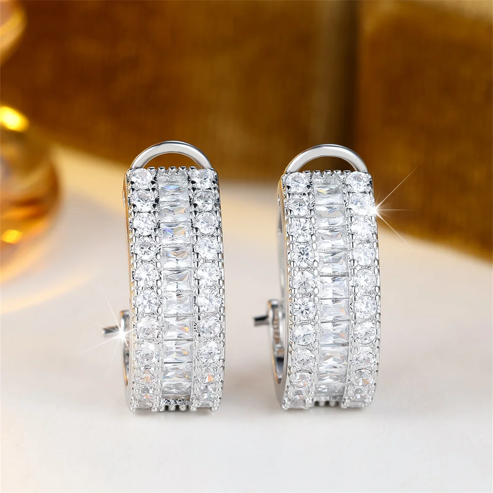 Single Row White Zircon Square Stone Hoop Earrings For Women Vintage Trendy Silver Color Ear Buckle Wedding Jewelry Bridal Gifts