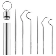 

6Pcs Portable Reusable Stainless Steel Toothpicks Metal Tooth Scraper Dental Picks Hooks Cleaning Kit with Toothpicks Holder