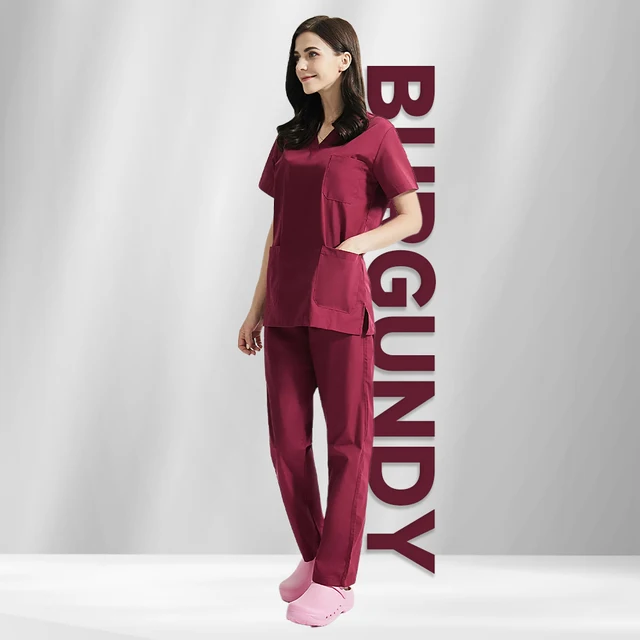 High Quality V-neck Scrub Tops Beauty Salon Nursing Elastic Waist Pants Unisex Breathable Surgery Uniform Medical Accessories Burgundy