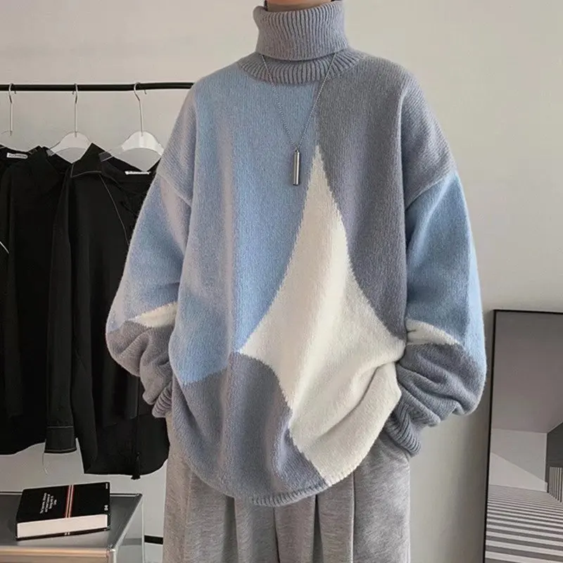 simple and lazy style pure color fashion trend all match korean hooded long sleeved autumn and winter new loose knit sweater High Necked Sweater for Men Loose and Lazy Style High-end Trend Color Matching Autumn and Winter Top Soft Couple Base Knit Shirt