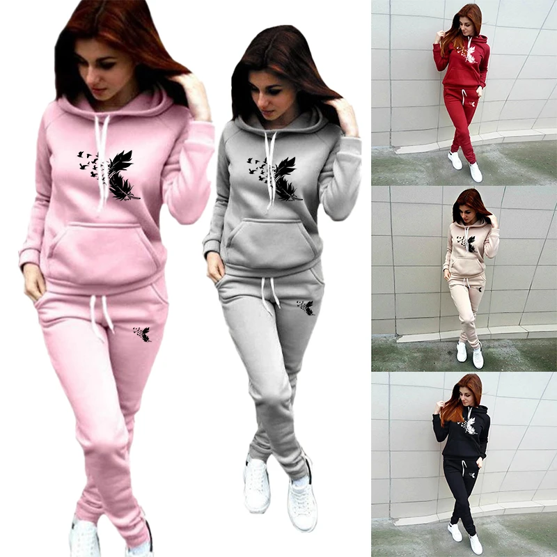 New Women's Set Fashionable Feather Running Set Slow Running Two piece Set Long sleeved Hooded Slow Running Sportswear autumn and winter women s long sleeved pullover hooded sweatpants two piece set with three color patchwork striped hooded set