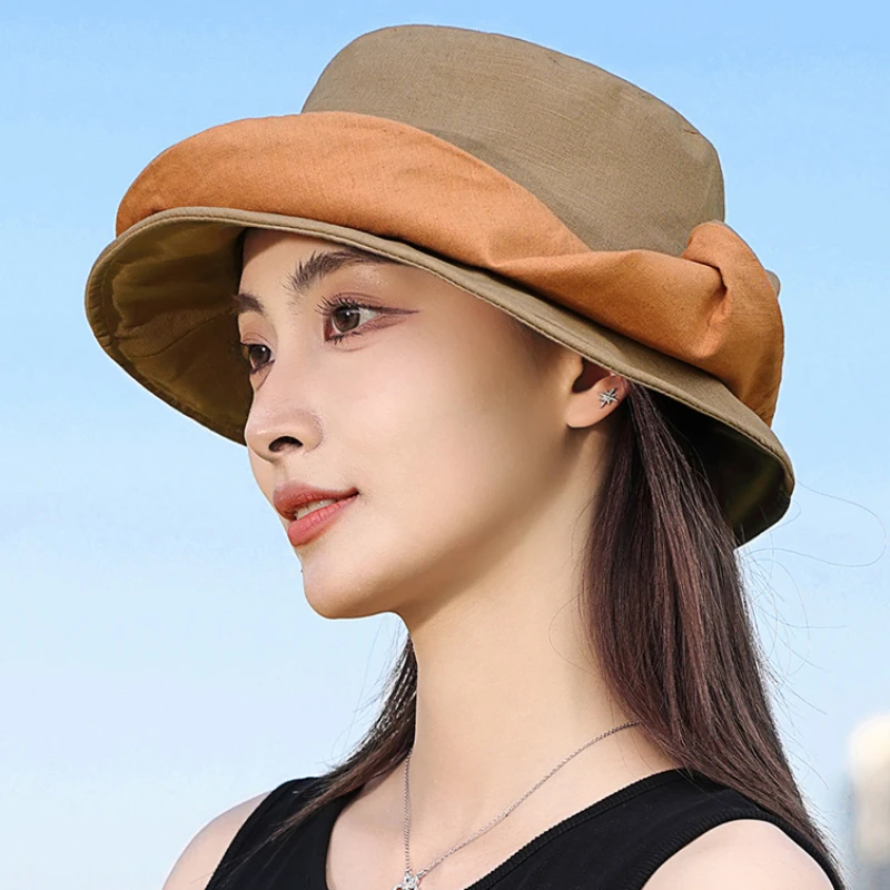 일본 레트로 코튼 및 린넨 버킷 모자, 여름 여행, 다용도 자외선 차단, 문학적 롤 브림 디자인, 우아한 여성 모자