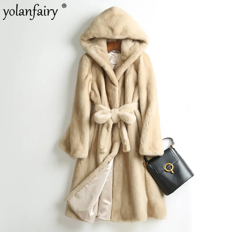 

Hooded Fur Mink Jacket Women's Fur Coat Mid Long Coats 2023 Winter Jackets Female Belt Korean Style Clothes Casaco Feminino FCY