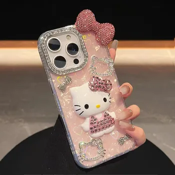 3D Stereoscopic Cute Cartoon Sanrio Hello Kitty Bling Glitter Phone Case For iPhone 17 16 15 14 13 12 11 Pro Max Hard Cover 1