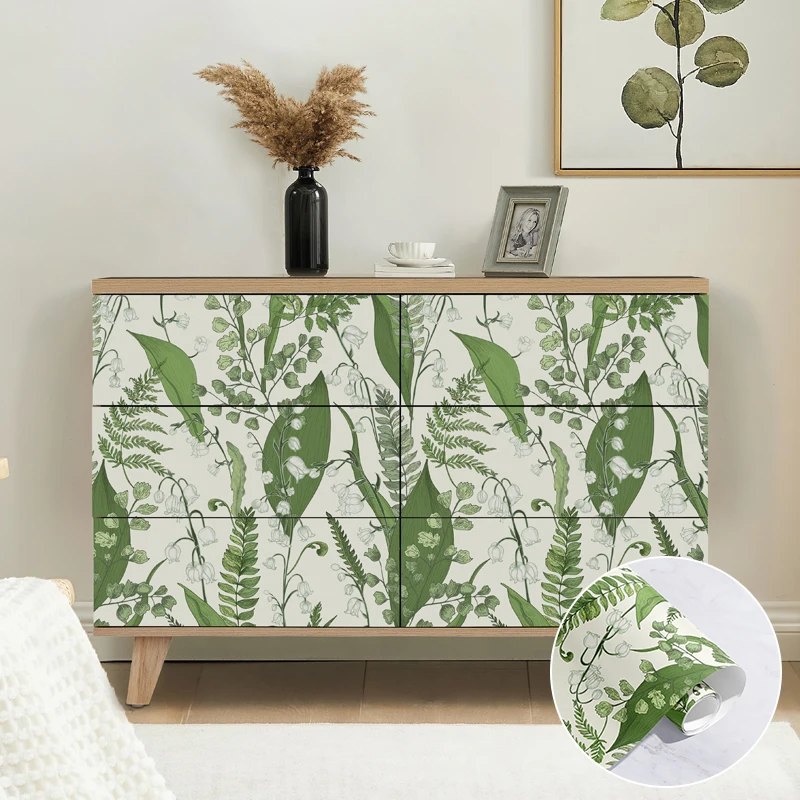 Elegant Eye Protection Green Leaves Furniture Cabinet Stickers Chic Vinyl Peel And Stick Wallpaper Retro Removable Contact Paper contact paper for classroom textbook protection cover clear peel and stick covers protective