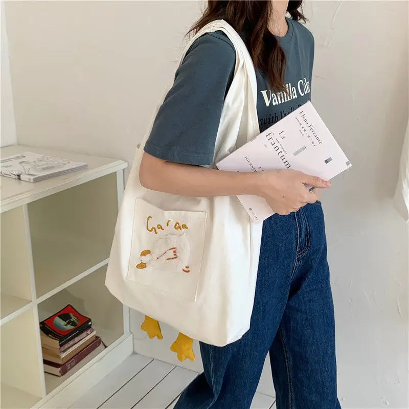 Cartoon Shoulder Bags Kawaii Canvas Bags Handbag for Women Shopper Cute Duck Tote Bag Japanese Style