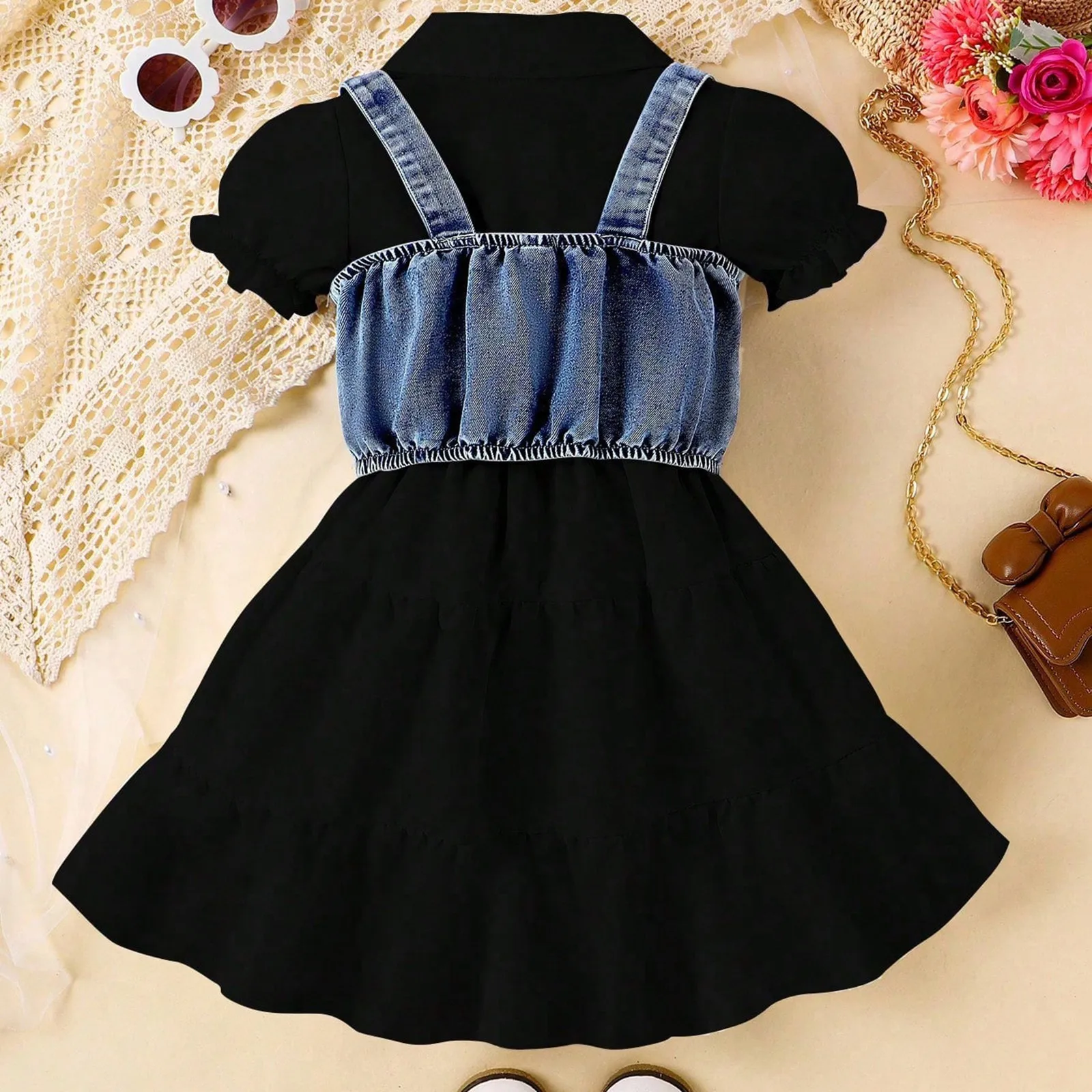 3Y,4Y,5Y,6Y,7Y Kids Girls Clothes Sets Summer Wear Denim Vest+Short Sleeved Shirt Dress Children Girls Two Pieces Outfits Sets 2