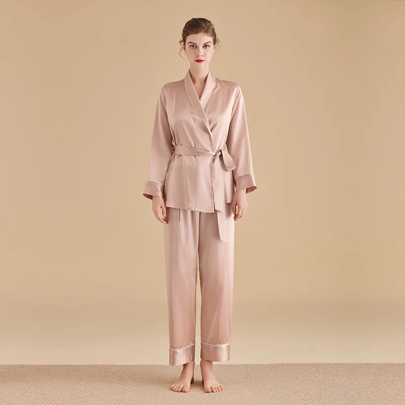 

22mm Mulberry Silk Solid Pajamas Set Sleepwear Organic Belted Sleep Two Pieces Set Home Wear Luxury Women's Loungewear Pyjamas