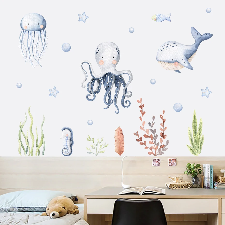 Wall Stickers Cartoon Cute Ocean Animal Watercolor Nursery Stickers Removable Wall Decals Art Print Kids Boys Room Interior Home Decor