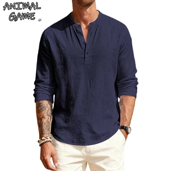 Animal Game Men's Cotton T Shirts Long Sleeve Henley Casual Shirts Solid Hawaiian Social Tshirts for Men Luxury Solid Polo Tops