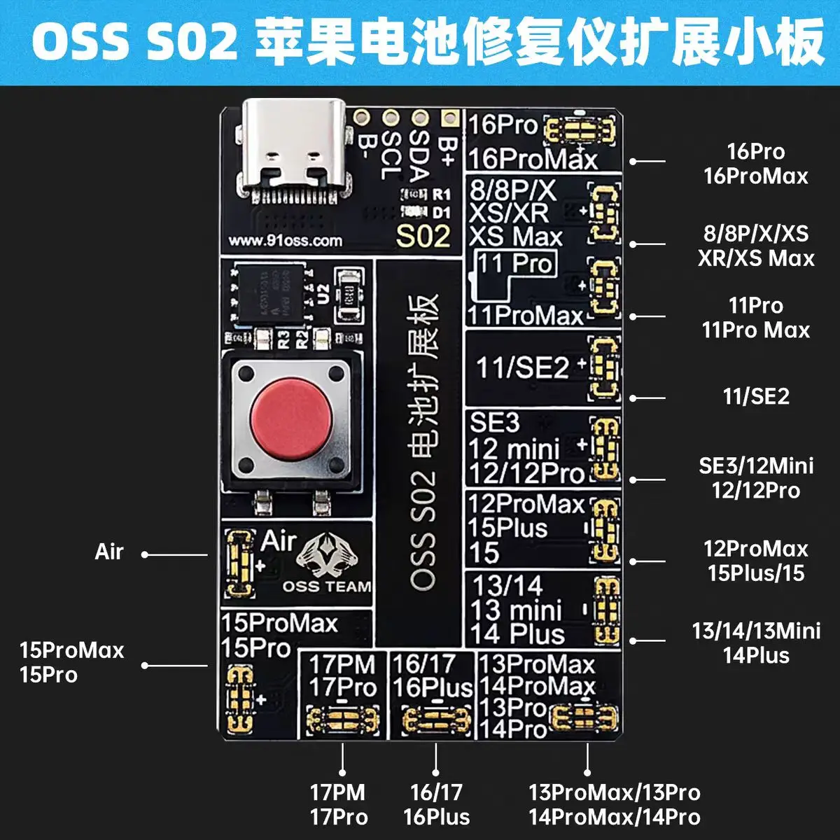 OSS S02 배터리 확장 어댑터 아이폰 8-17 시리즈 배터리 활성화 및 스마트 감지 지원 W28Pro V8 장치