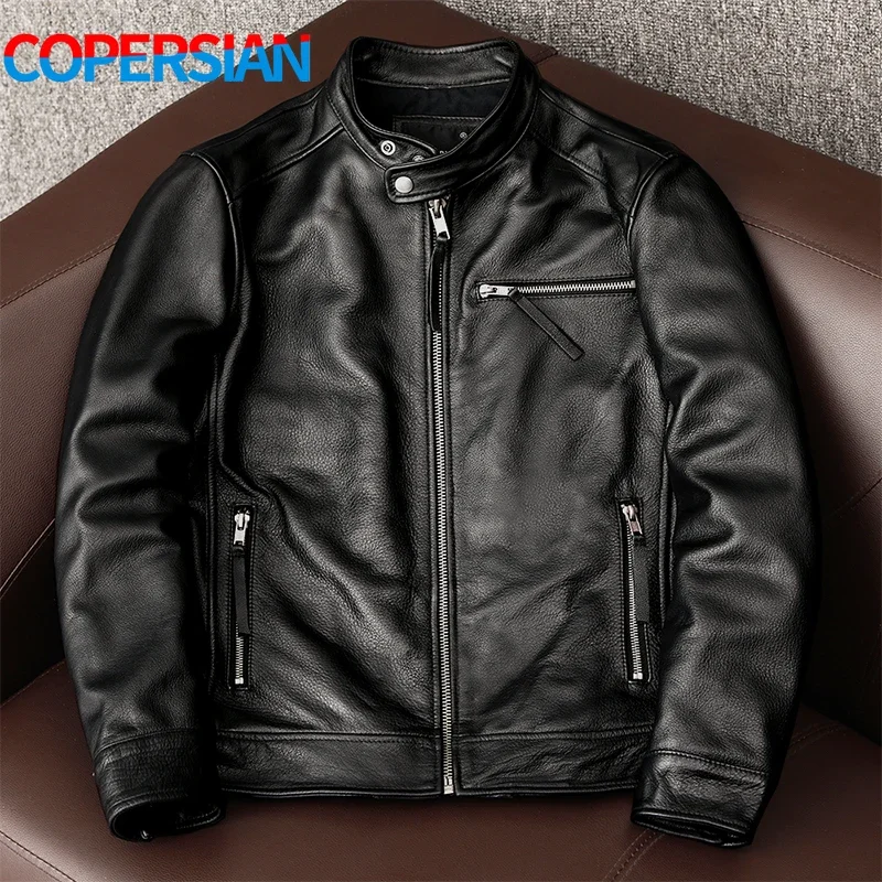 Men Leather Jacket New trendy pure top layer soft cowhide genuine leather men's slim-fit stand-up collar leather jacket coat
