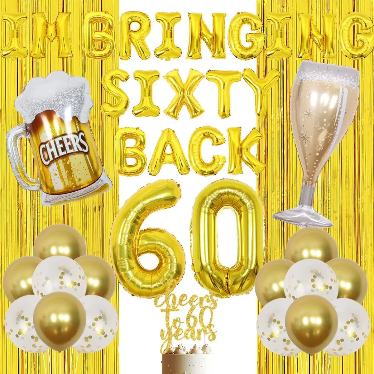 

Gold 60th Birthday Party Decorations for Men Women Funny I'm Bringing Sixty Back Balloon Banner Cheers To 60 Years Cake Topper