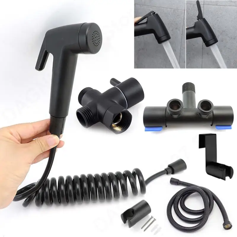 black Toilet Douche Bidet Handheld shower head Hose Valve Spray Muslim Sanitary Shattaf Kit Holder Bathroom Fixture Shattaf V27