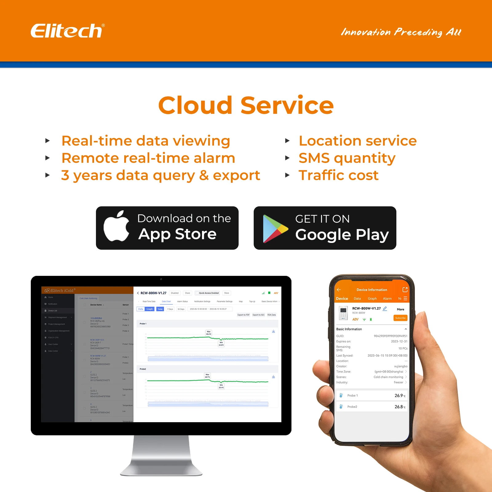 Elitech RCW-800W-TDE 무선 디지털 온도 데이터 로거, 클라우드 데이터 스토리지, 와이파이 듀얼 외부 온도 프로브
