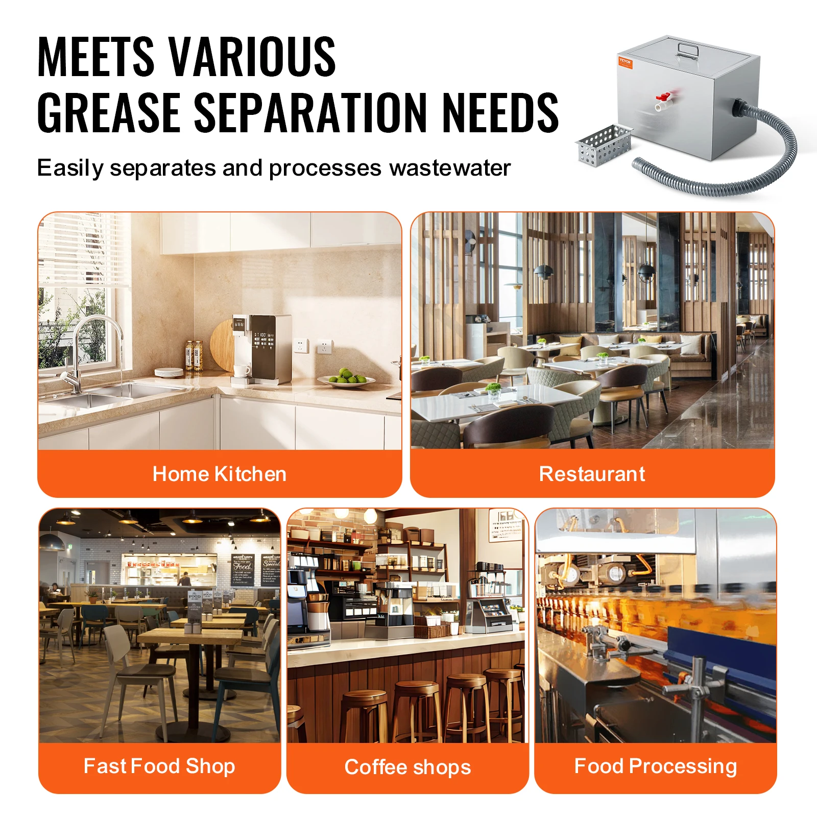 VEVOR 8/40LBS Commercial Grease Trap Grease Interceptor Side Inlet Interceptor Under Sink Stainless Steel Trap 2.8 GPM