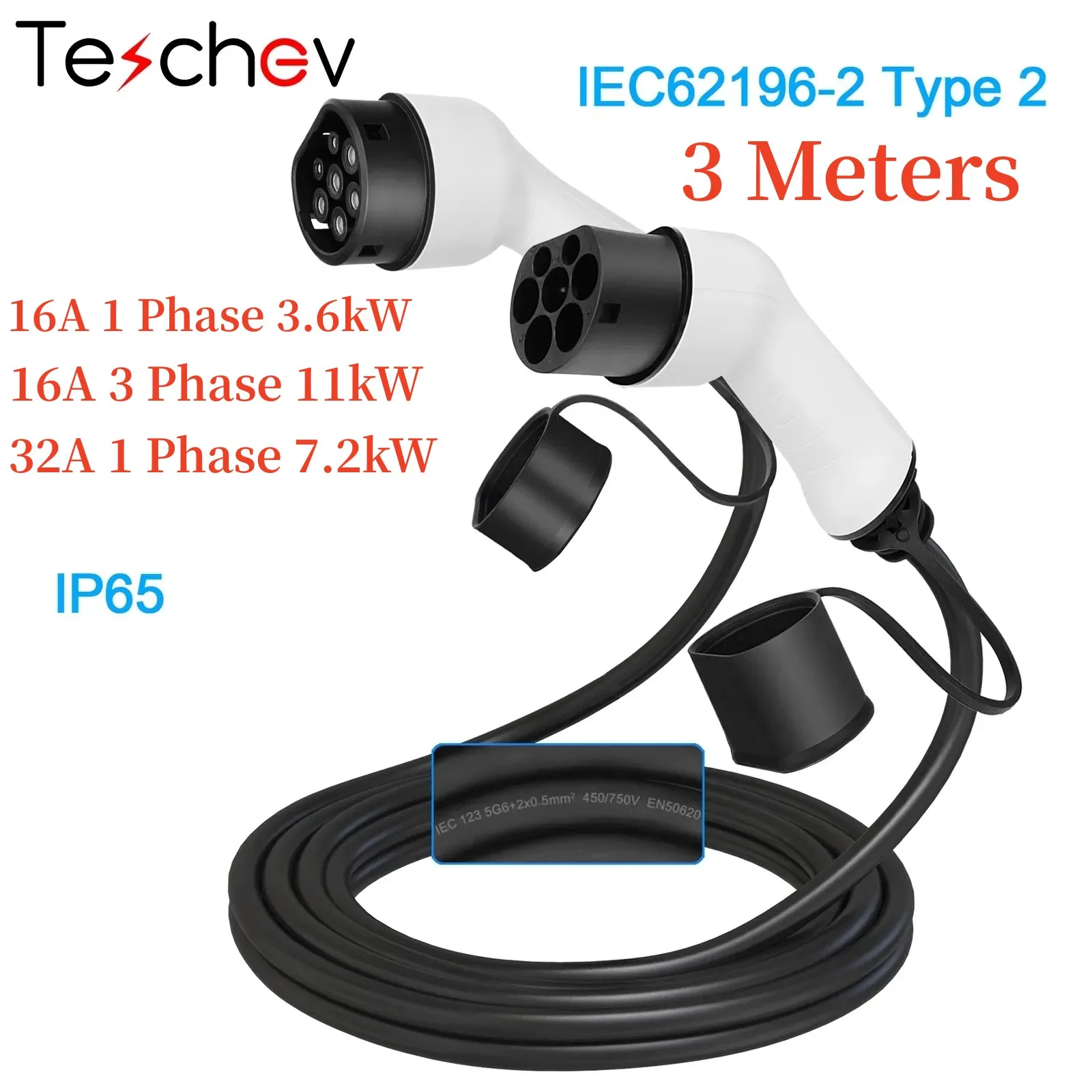 

EV Charging Cable 32A 7.2kW Three Phase Electric Vehicle Cord for Car Charger Station Type 2 EVSE Female to Male Plug IEC 62196