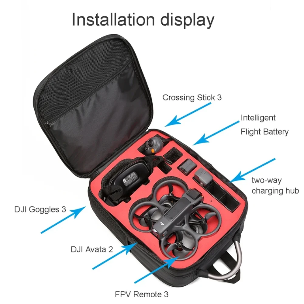 Sac à dos de transport pour DJI Avata 2 porté par un utilisateur, avec bretelles rembourrées et ajustables.