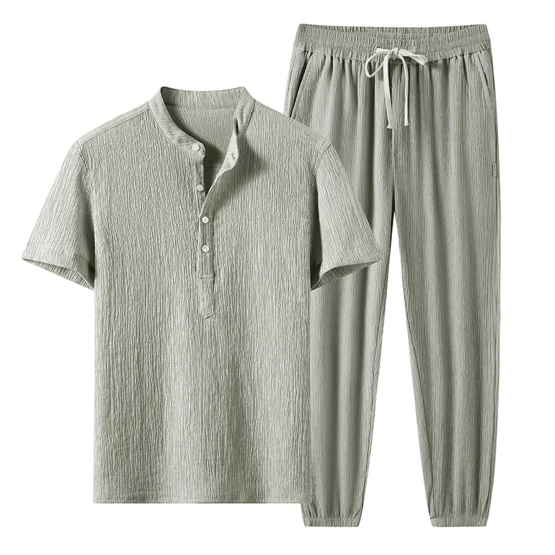 

2024 Summer Explosive Ice Silk Casual Cotton Linen T-shirt Set Chinese Style Cropped Pants Two-piece Set