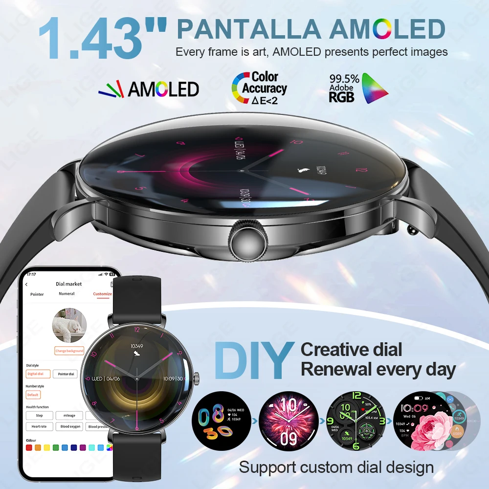 LIGE Ultra Thin Smart Watch 2025 For Women Answer Make Calls 1.43" AMOLED Waterproof Fitness Smartwatch Heart Rate Sleep Monitor