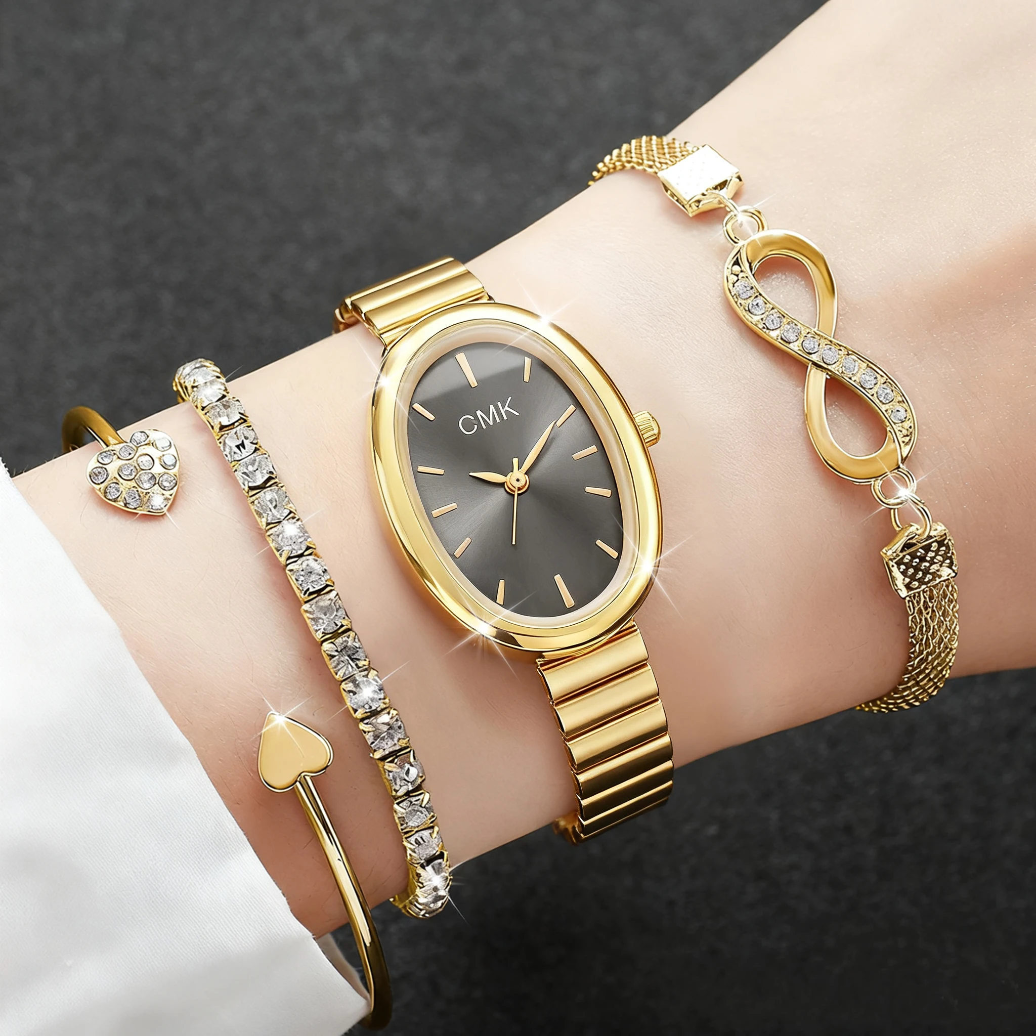 4pcs/set Women's Quartz Watch Gold Luxury Women Bracelet Rhinestone Fashion Wristwatch Casual Ladies Watches Bracelet Set No Box