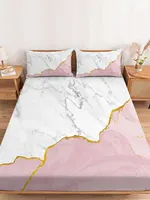 White Marble Pink Bedding Fitted Sheet Set Elastic Band Mattress Cover King Size Bed Cover With Pillowcase 1