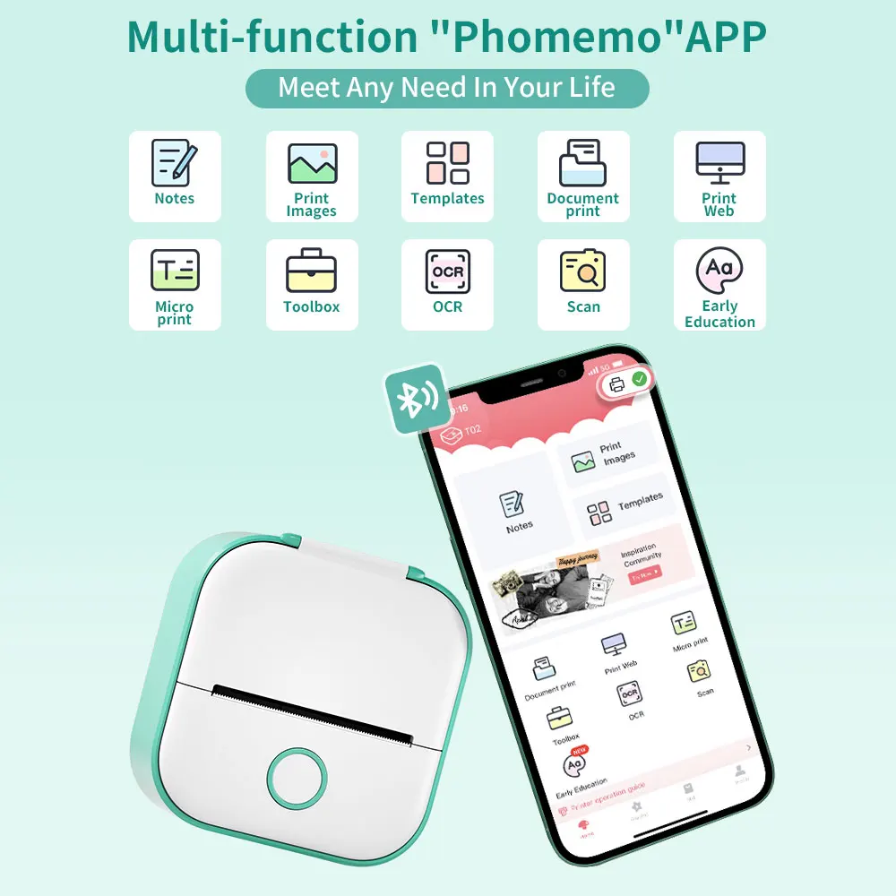 Phomemo-impressora Portátil Inkless Mini Sticker Impressora Térmica de Bolso Compatível com Android Ios Impressão Instantaneamente Divertida T02 - Imagem 2