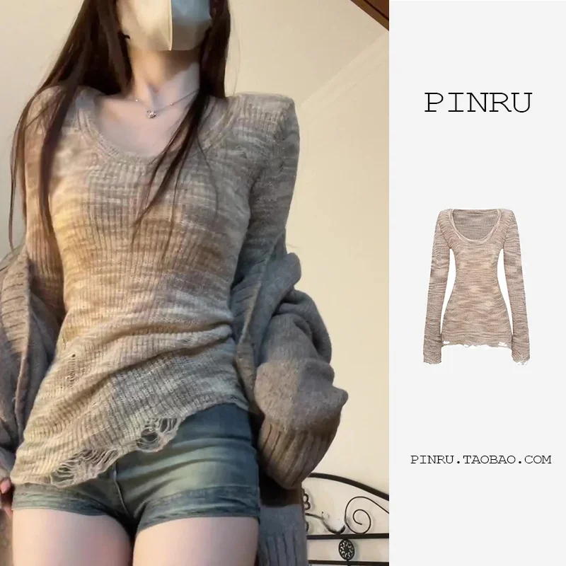 미국 스타일의 자루 긴 소매 니트 바닥 셔츠 여성 작은 가을과 겨울 내복 스웨터 디자인 찢어진 슬림 핏 탑