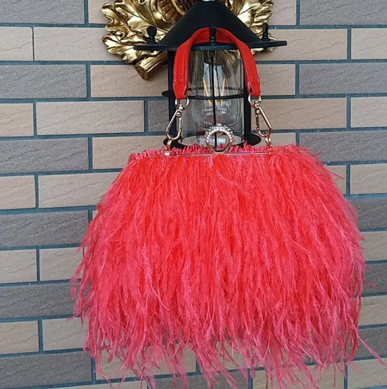 2022 Luxury Ostrich Feather Party Evening Clutch Bag Women Wedding Purses and Handbags Small Shoulder Chain Bag Designer Bag 