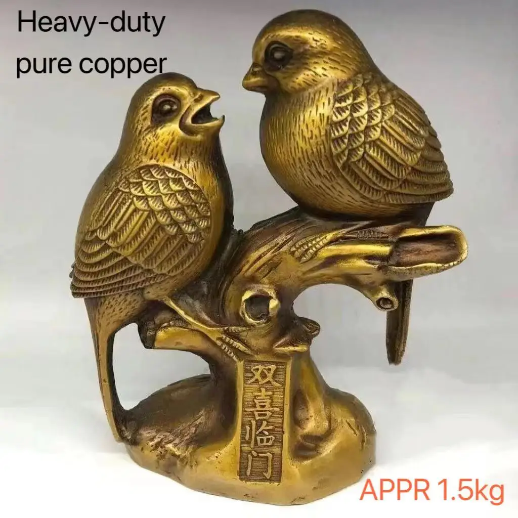 

Lucky Old Brass Antique for Collection Chinese Qing Dynasty GOOD THINGS COME IN PAIRS Magpie Ornament Home Decor Feng Shui Gifts