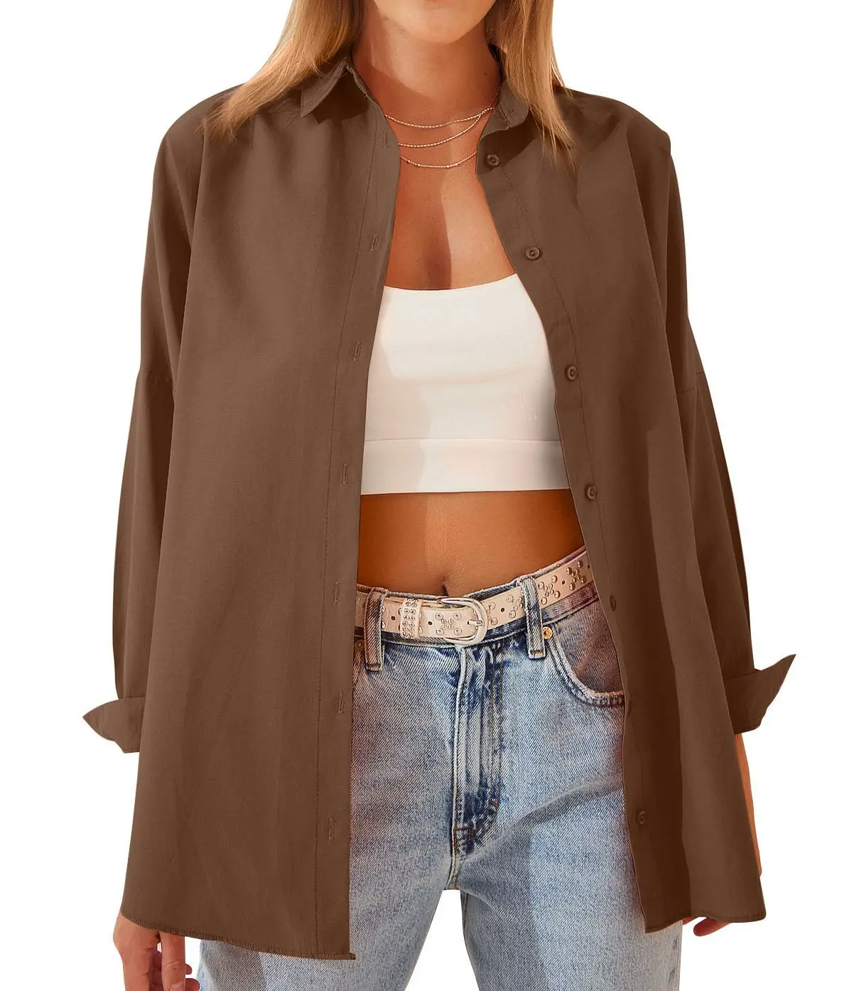 Womens Clothing V-neck Solid Button Long Sleeve Casual Blouse