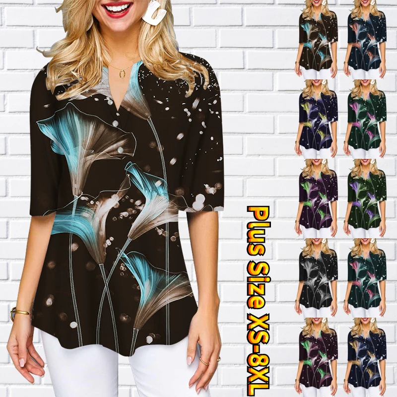 

2023 New Summer Women's Vintage Elegant Top Spring New Design Printed Pullover Sexy V-neck Half Sleeve T-shirt Loose Clothing