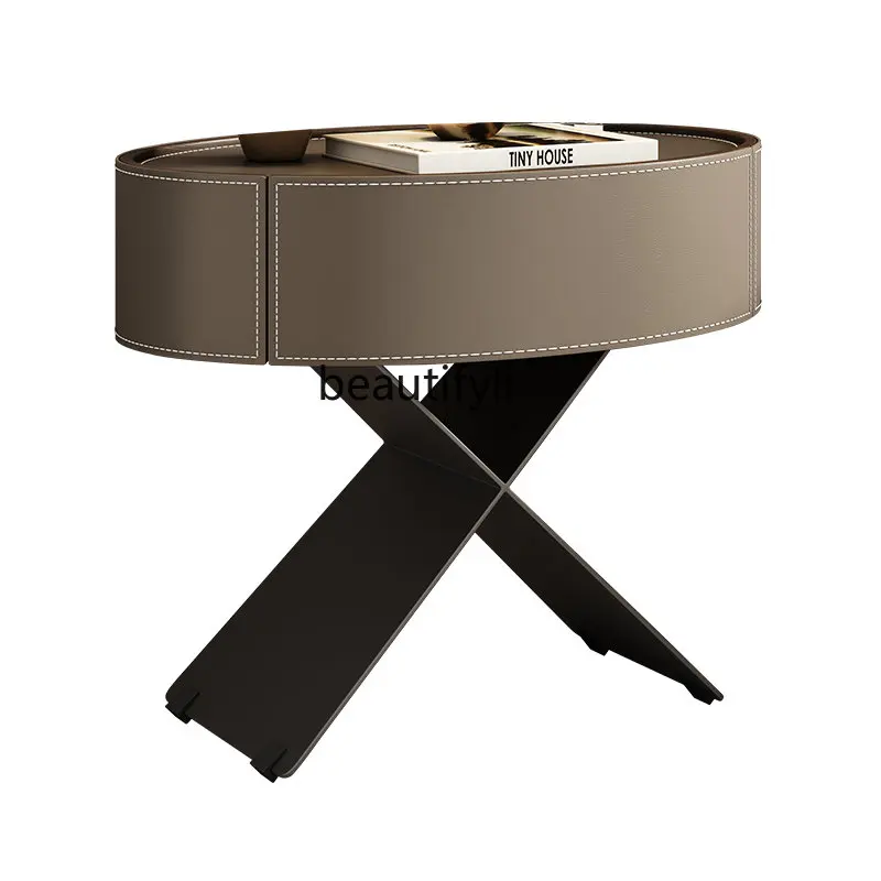 

Italian Minimalist Oval Saddle Leather Solid Wood Bedside Cabinet Stone Plate High Sense Bedside Cabinet