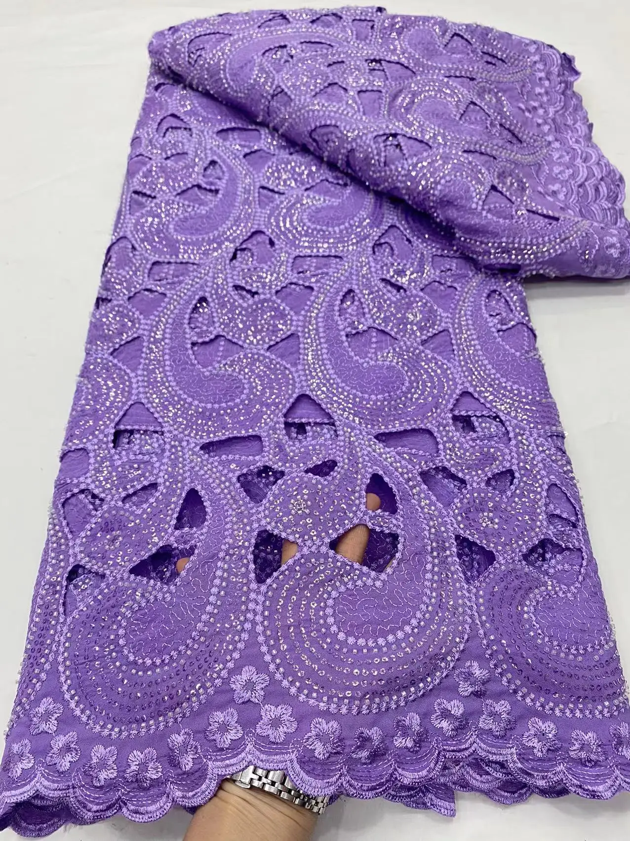 

African Nigerian 2024 High Quality Tulle Lace Fabric Embroidery Cotton Wedding Party Dress Damask Sequins 5Yard Chiffon DP0120