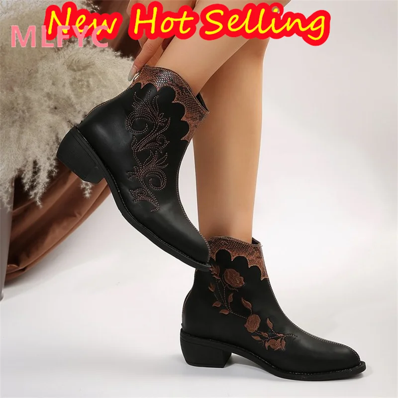 2023 Winter New European and American Back Zipper Women's Boots Fashion Embroidery Flower Large Heel Short Boot