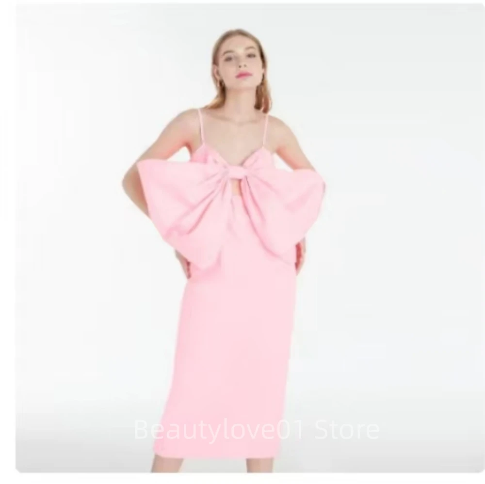 

Pink Fashion Ankle-Length Sleeveless Spaghetti Strap Elegant Big Bow Sexy Formal Long Evening Vestidos De Noche Para Mujer 2023