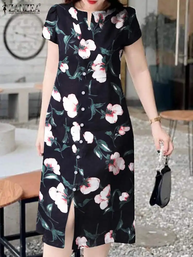 

ZANZEA Women Vintage Sundress Fashion Retro Print Midi Dress Buttons 2024 Summer Short Sleeve Robe Casual Slit Hem Vestido Femme