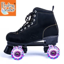 

Black Lether Roller Skates Shoes 4-Wheel Double Row Flash Ourdoor Adult Man Woman Patines Shoes Europe Size 36-45