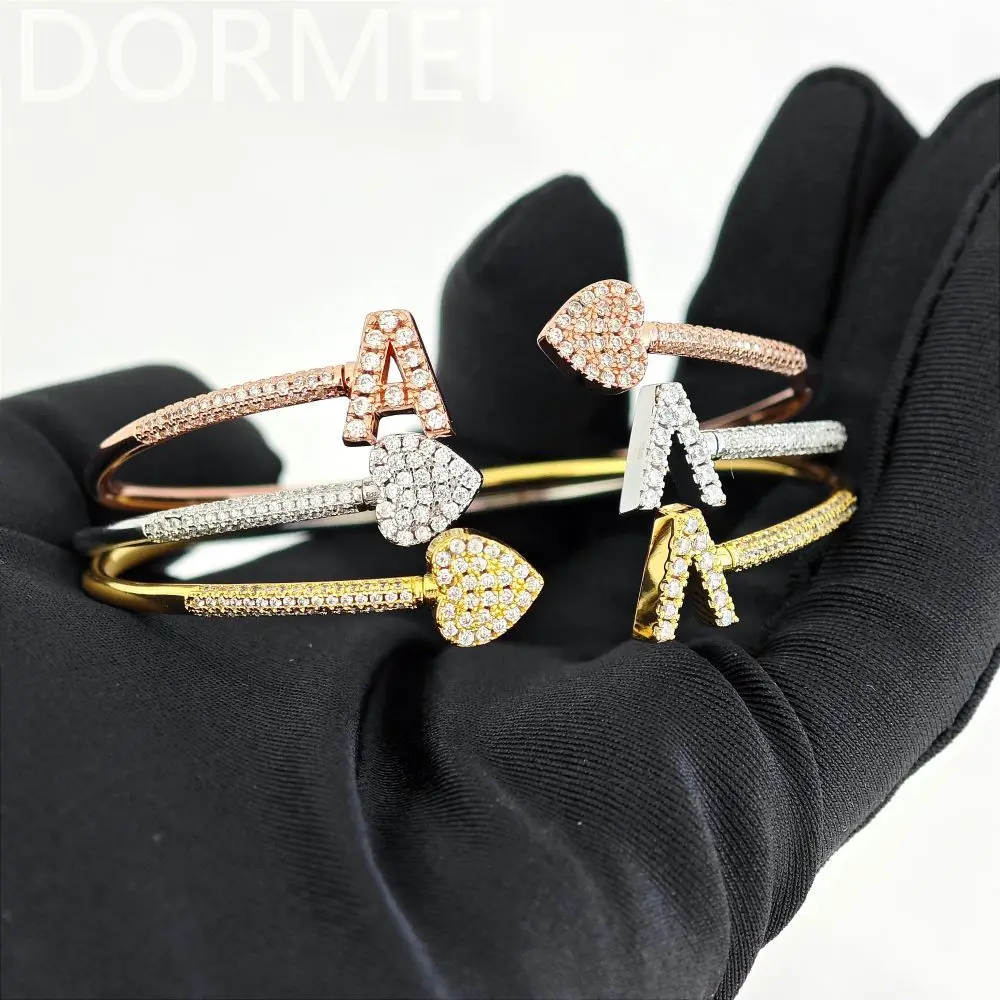 DOREMI New Bangle Full Zircon Letter Heart Bracelet Initial Name Crystal Mirco Setting Bar Cuff Bangle Mother's Day Gift Bangle