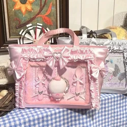 Sweet & Stylish Ulzzang Ita Bag with Lace Bow Ribbon - Cute & Trendy Shoulder Tote - 35X28X12CM (Pink Only Bag)