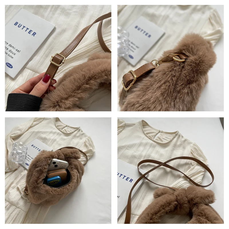 Small Plush Tote Women's Bag 2023 Winter Fluffy Messenger Bag Y2K Furry Pleated Handbag Faux Fur Shoulder Bag Knotted Cloud Bag