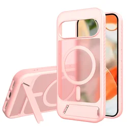Luxury Magnetic Folding Stand Translucent Phone Case with Magsafe Wireless Charging Compatibility and Matte Armor Finish for Google Pixel 9 (Pink)