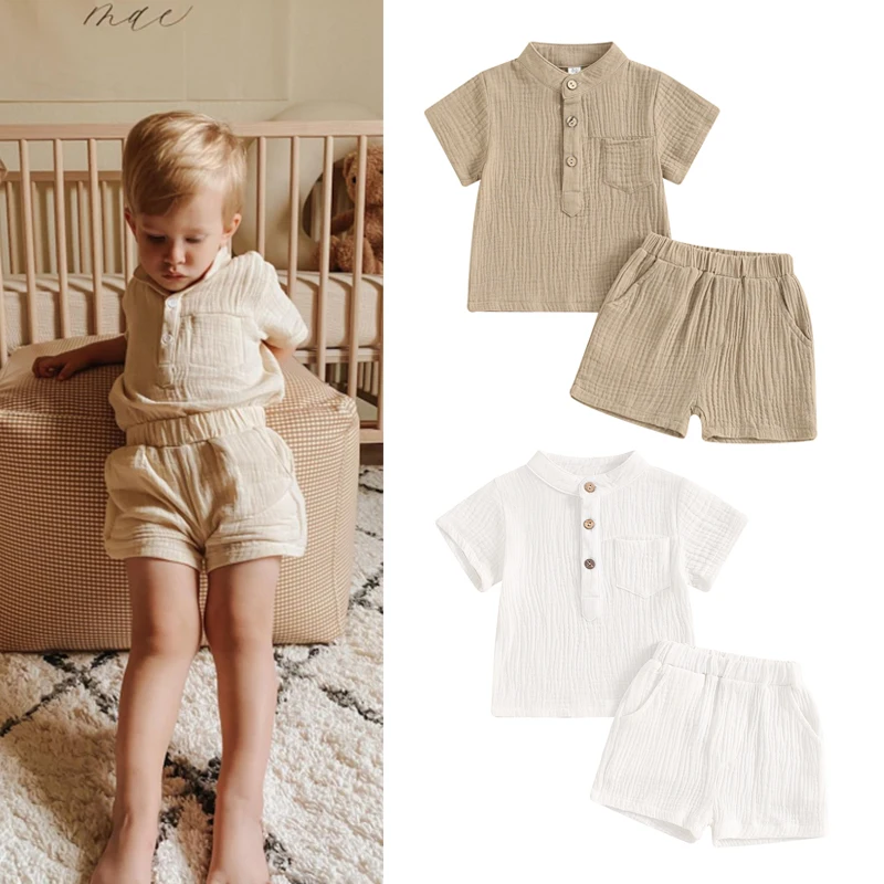 FOCUSNORM 0-4Y Little Boys Summer Gentleman Clothes Sets Solid Short Sleeve Tops Elastic Waist Shorts