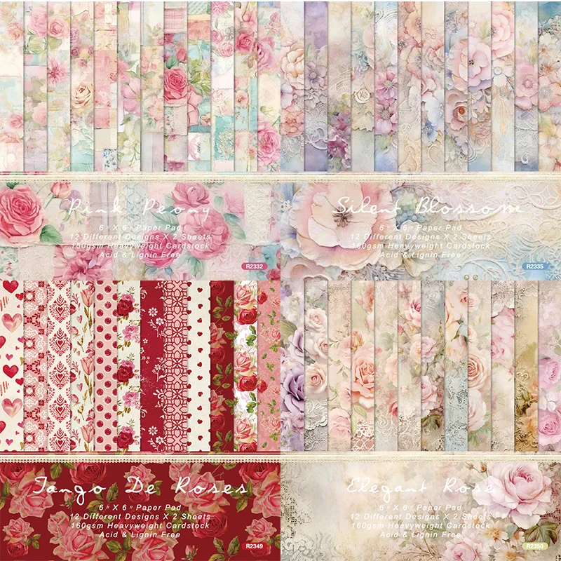 24Pcs 6 Inches Vintage Flower Sea Wave Patterned Papers Pack for Scrapbooking DIY Card Making Supplies Decorative Material Paper