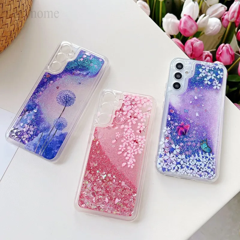 Liquid Glitter Case For Samsung Galaxy A17 A16 A56 A35 A55 A15 A25 A54 A34 A36 Pink Bling Quicksand Flower Butterfly Clear Cover