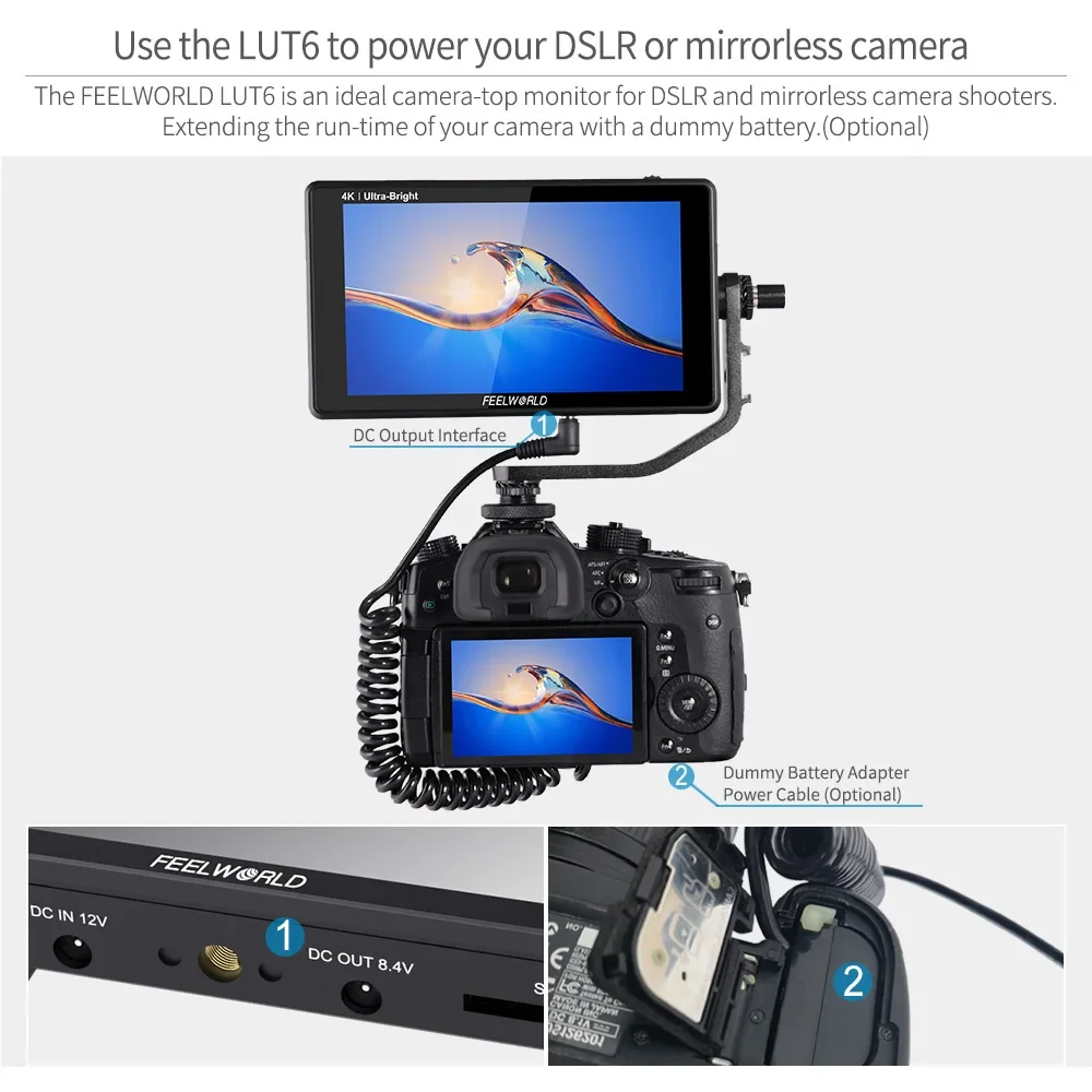 FEELWORLD LUT6 Monitor 6 Inch 2600nits 3D LUT HDR Touch Screen on DSLR Camera Field Monitor 3G-SDI 4K with Waveform
