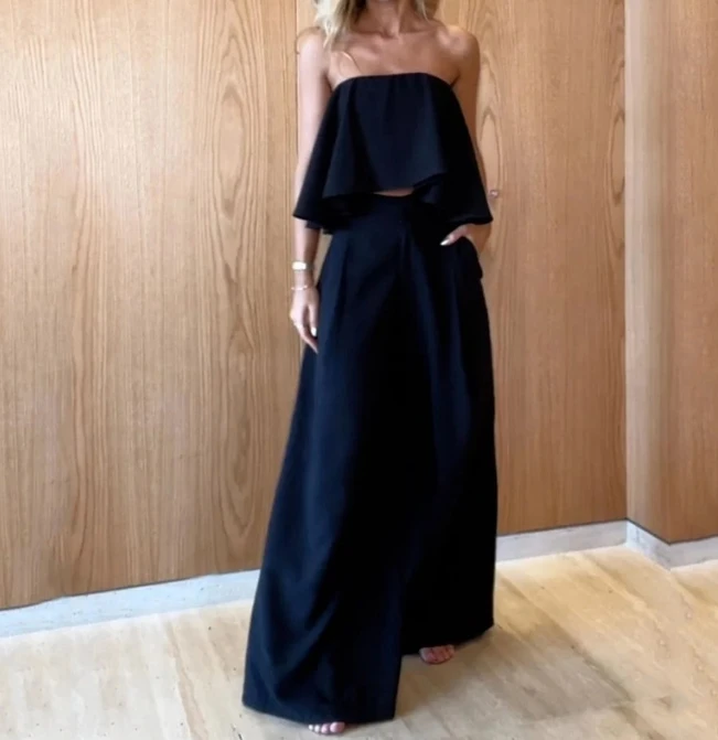 European and American women's clothing 2024 summer new fashion casual solid color strapless wide leg pants two-piece set