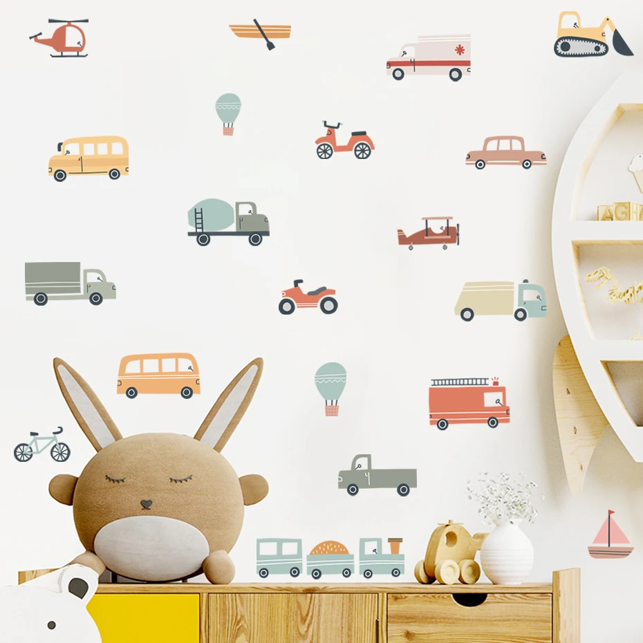 Wall Stickers Hand Drawn Watercolor Cartoon Vehicles Car Bus Wall Stickers For Kids Room Boys Room Nursery Decoration
